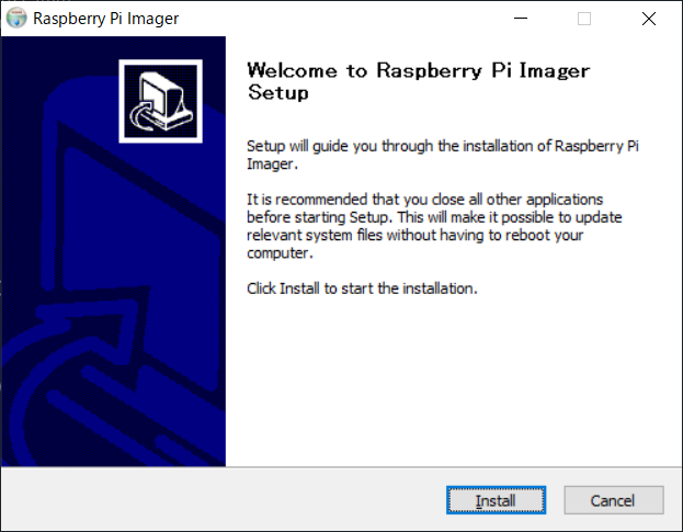 Raspberry Pi Imager：起動したインストーラーから「Install」を選択