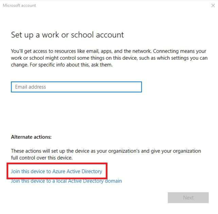 Azure AD登録：「このデバイスをAzure Active Directoryに参加させる」を選択