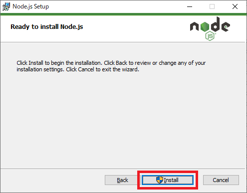 Node.js:Ready to install Node.js画面が表示した「Install」をクリックしてインストールを開始