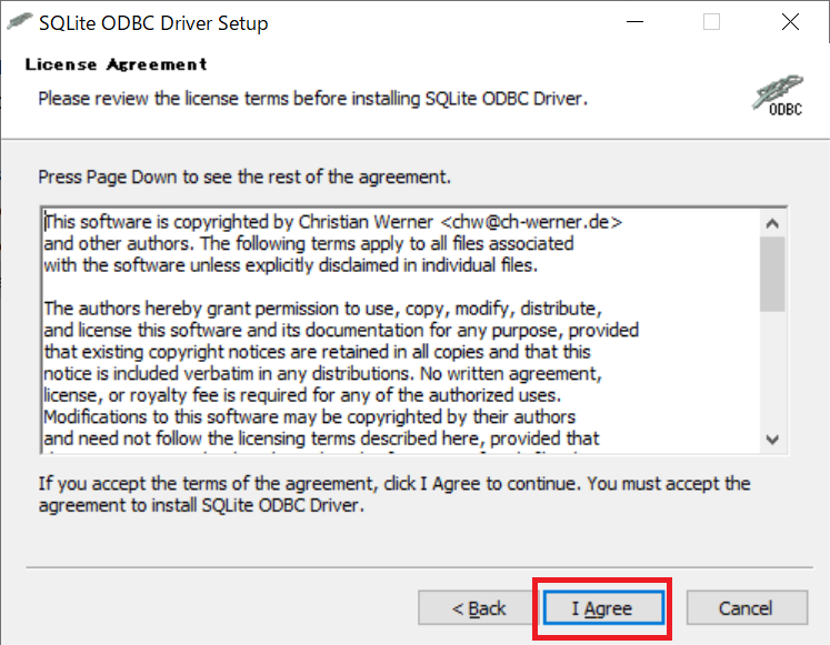 SQLite ODBCの同意画面