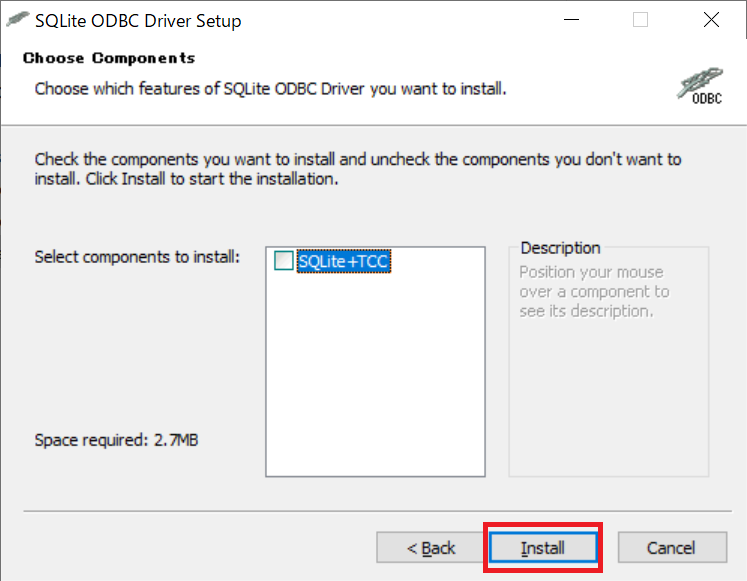 SQLite ODBCのコンポーネント選択画面