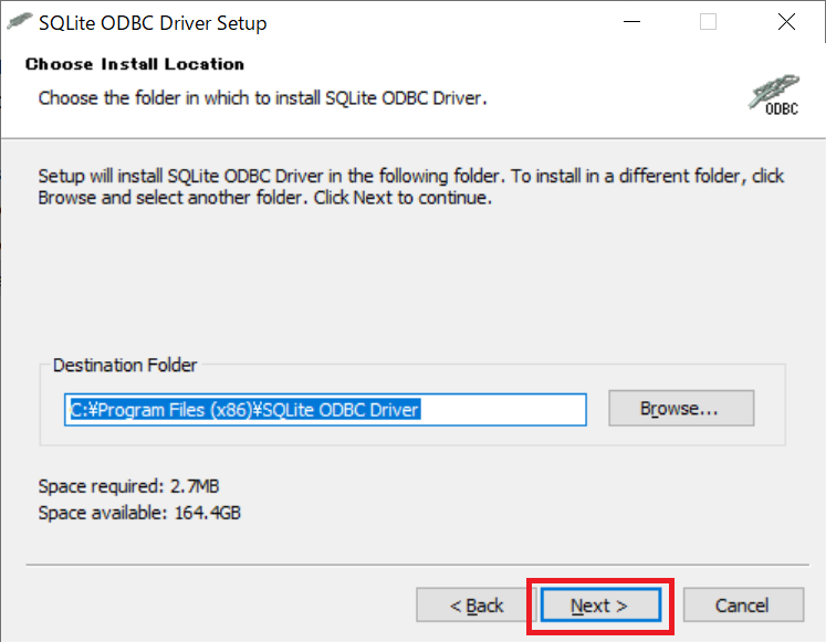 SQLite ODBCインストールのインストールパス設定画面