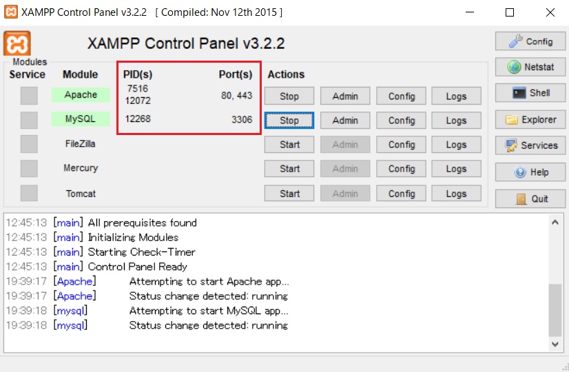 XAMPP Control PanelからMySQLの起動確認