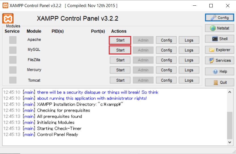 XAMPP Control PanelからMySQLの起動