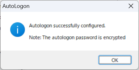 Windows11：「Autologon successfully configured.」というメッセージ画面で「OK」をクリック