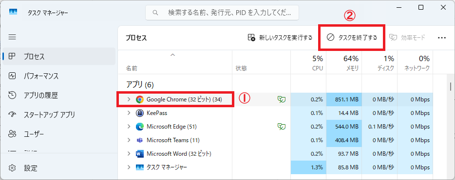 Windows11：プロセスタブで負荷の大きいアプリを選択して「タスクの終了」をクリック