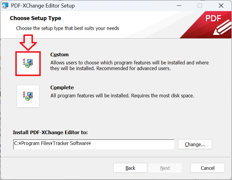 PDF-Xchange Editor:Choose Setup Type画面で「Custom」をクリック