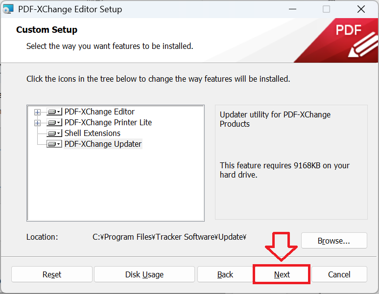PDF-Xchange Editor:Custom Setup画面で「Next」をクリック