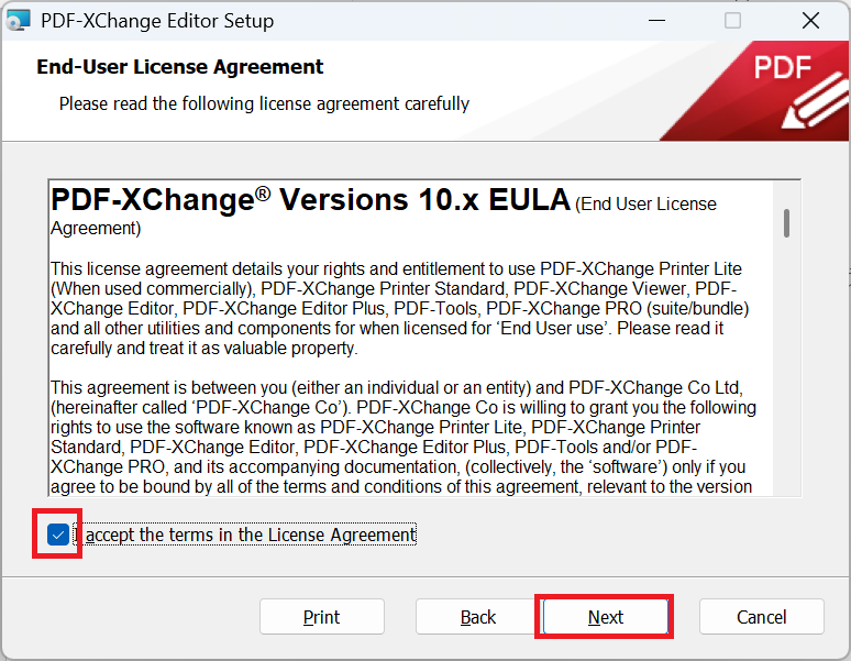 PDF-Xchange Editor:「I accept the terms in the License Agreement」にチェックを入れて「Next」をクリック