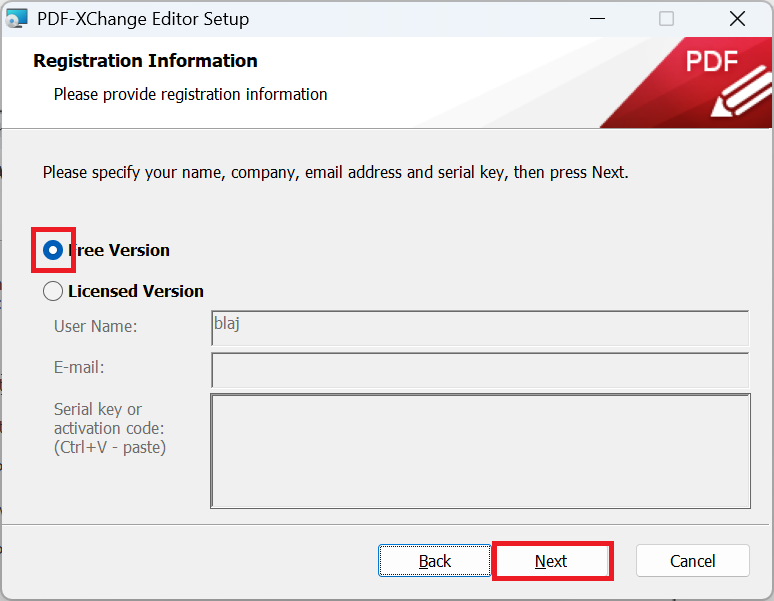 PDF-Xchange Editor:Registration Information画面で無料版であれば「Free Version」を選択して「Next」をクリック