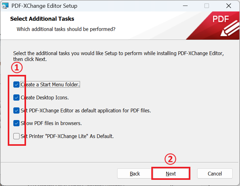 PDF-Xchange Editor:Select Additional Tasks画面で必要なものにチェックを入れて「Next」をクリック