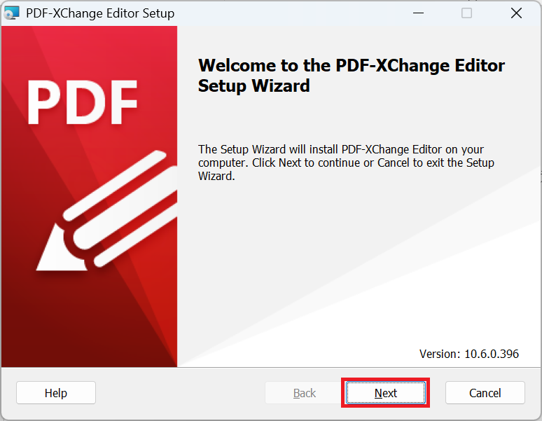 PDF-Xchange Editor:セットアップウィザード画面で「Next」をクリック