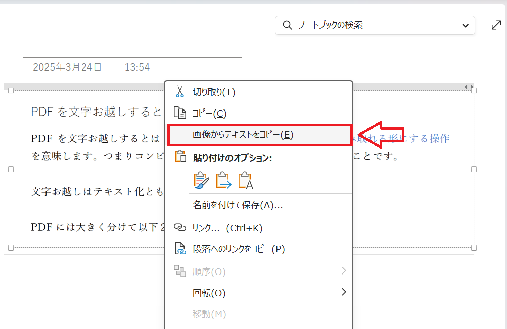 メニューから「画像からテキストをコピー」を選択