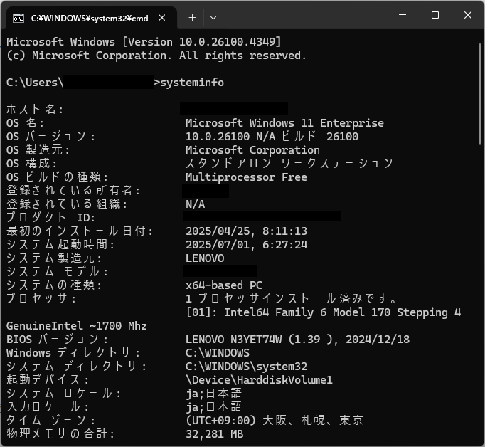 Windows11:systeminfoコマンドの実行結果