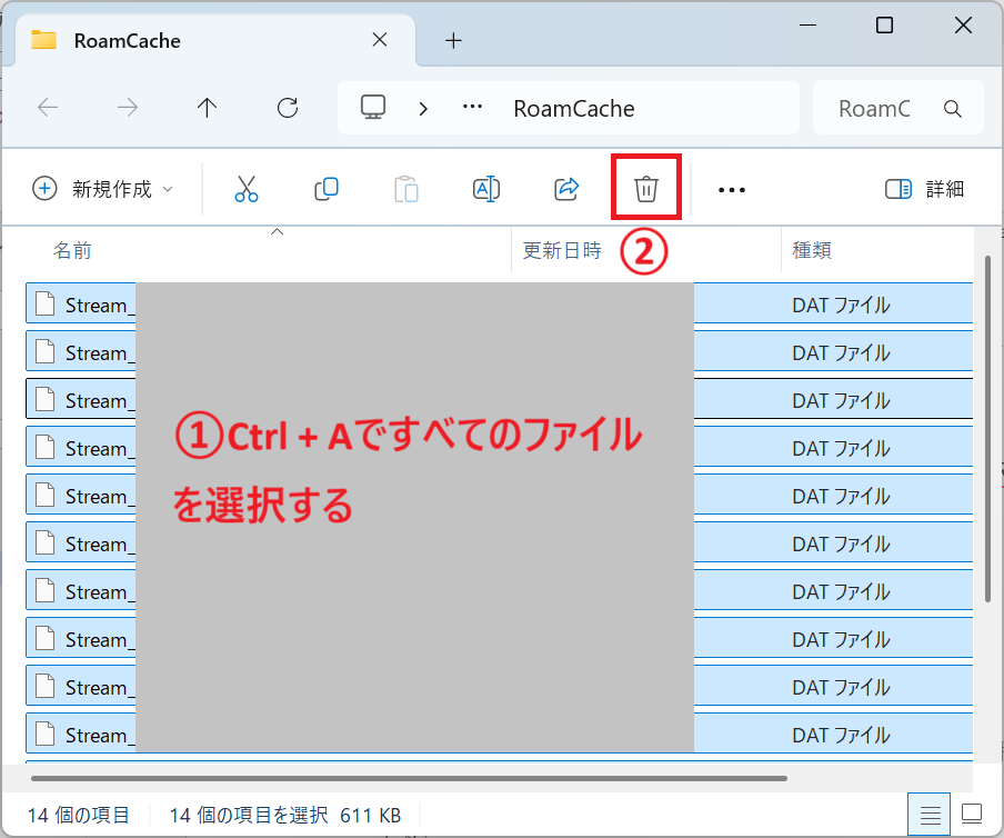 Outlook:RoamCacheフォルダ内のファイルをすべて削除