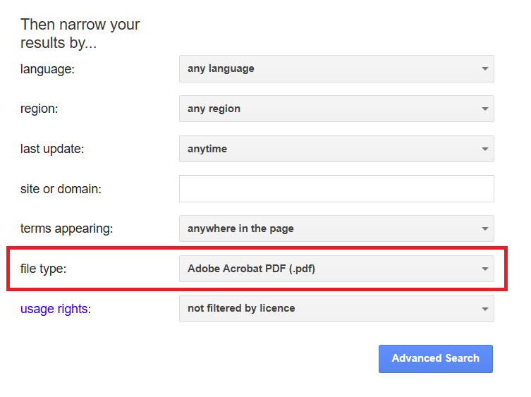 Google検索:「file type」の項目で検索したいファイル形式を選択>「Advanced Search」をクリック
