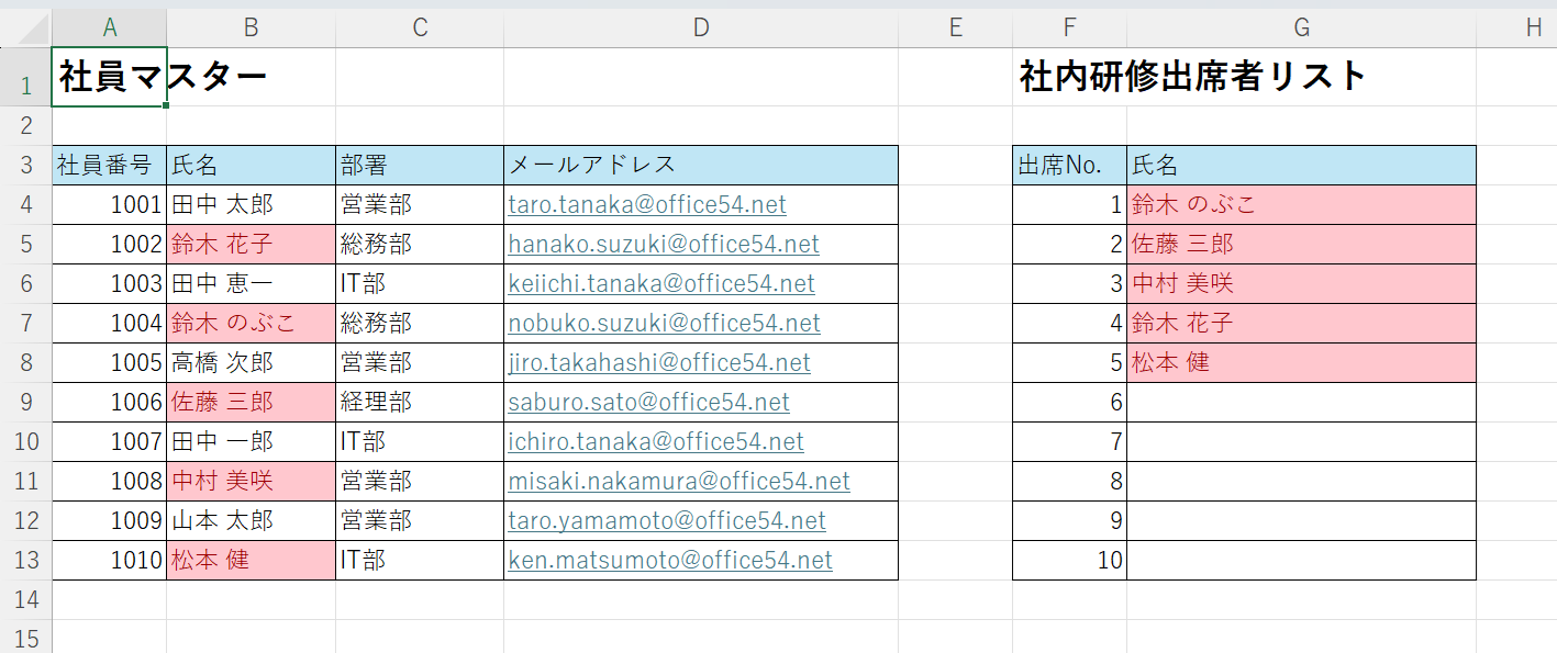 エクセル：重複する値で二つの表で一致するデータを色付け