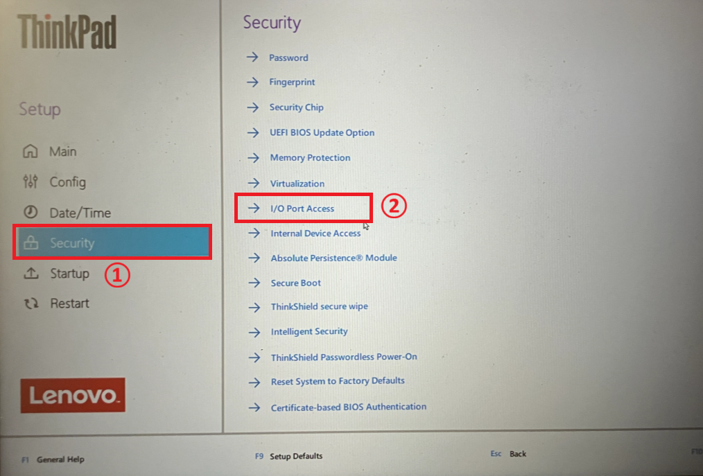 Windows11：BIOS画面で［Security］を選択し、右側から［I/O Port Access］を選択
