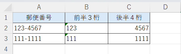 Excel：郵便番号を分割した表