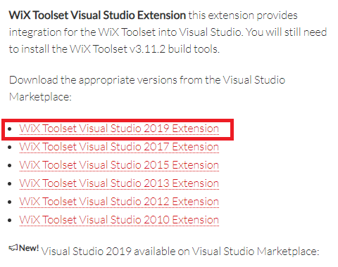 WiX Toolset Visual Staudio 2019 Extensionのダウンロード