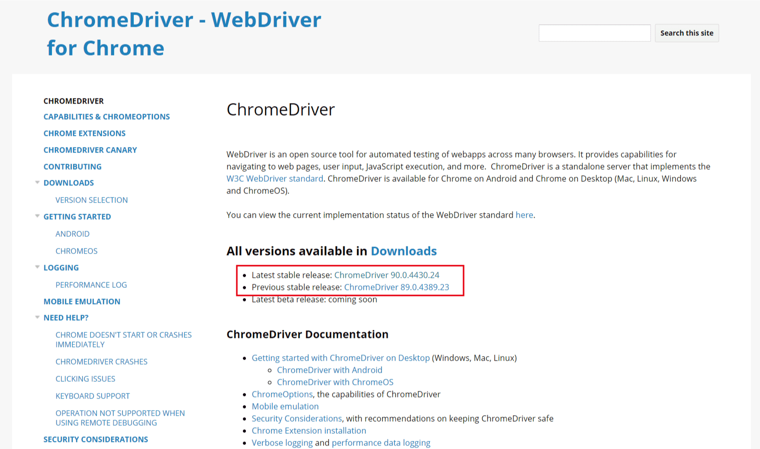 chromedriverのダウンロード