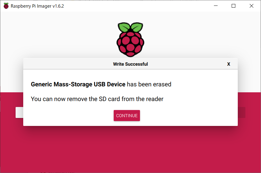 Raspberry Pi Imager:メッセージボックスからフォーマット完了を確認