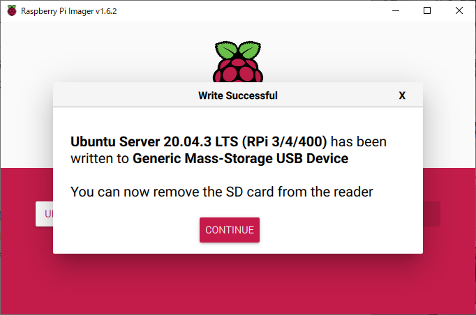 Raspberry Pi Imager:メッセージボックスからOS書き込みの完了を確認