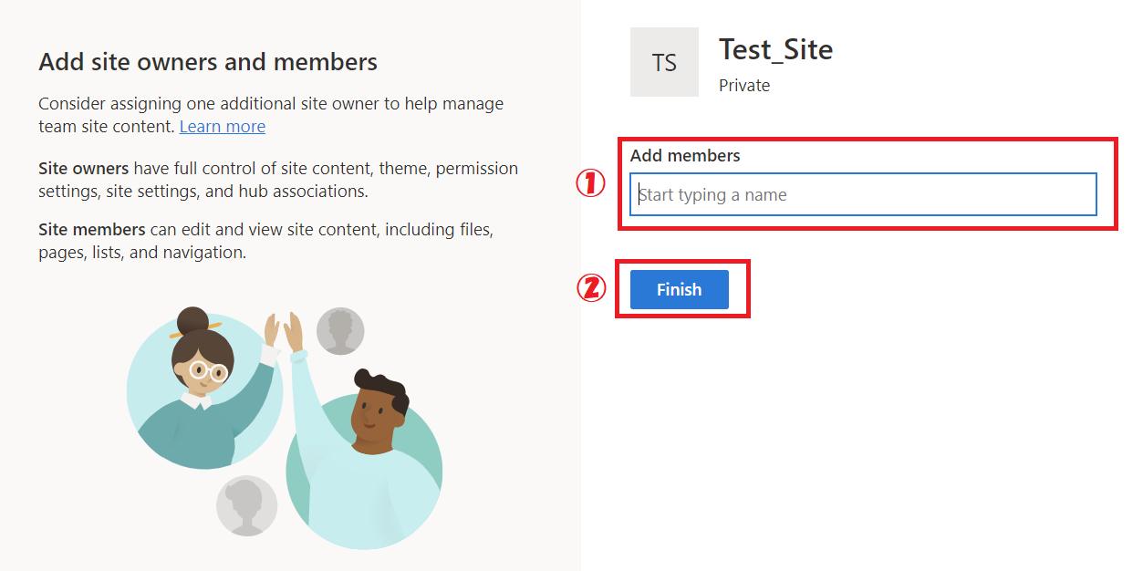 Sharepointサイト：作成したサイトのメンバーを追加し、「終了」をクリック