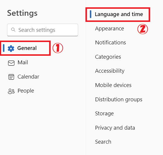 Outlook:「Language and Time（言語とタイムゾーン）」を選択