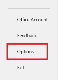 Outlook:表示された画面の左ペインから「Options」を選択