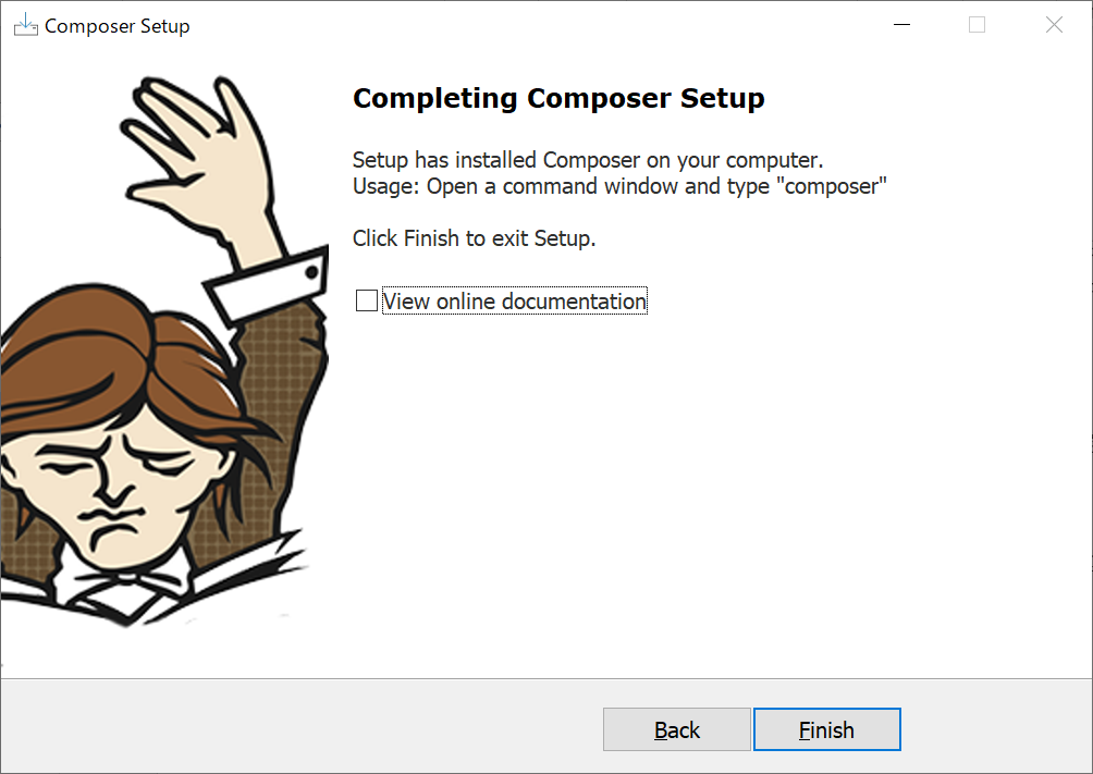 Composer:Completing Composer Setup画面が表示したら「Finish」をクリック