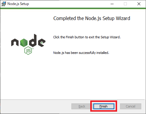 Node.js:「Finish」をクリックしてインストーラーを終了