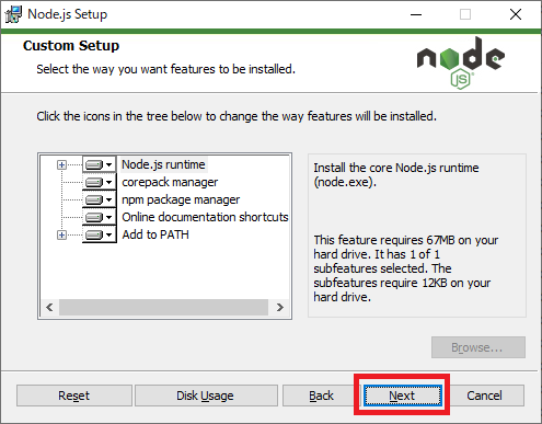 Node.js:Custom Setup画面でインストールするソフトウェアを設定
