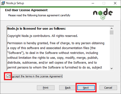 Node.js:「I accept the terms in the License Agreement」にチェックをして「Next」をクリック