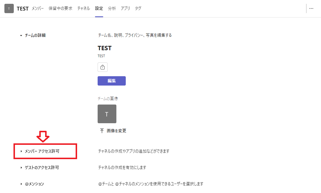 Teams：表示された設定ページから「メンバーアクセス許可」をクリック