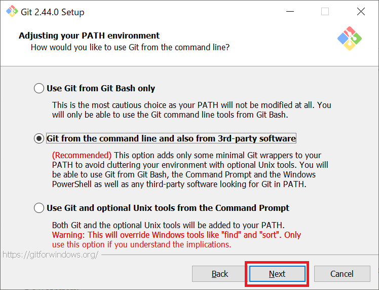 Git：Adjusting your PATH environment画面よりコマンド実行ツールを確認して「Next」をクリック