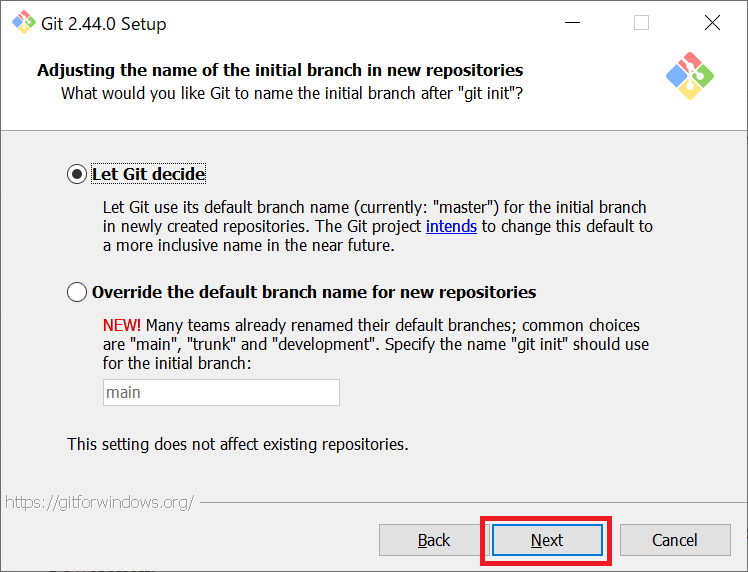 Git：Adjusting the name of the initial branch in new repositories画面でリポジトリ作成時のブランチの名前を確認して「Next」をクリック