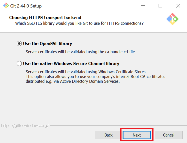Git：Choosing HTTPS transport backend画面でHTTPの接続設定を確認して「Next」をクリック