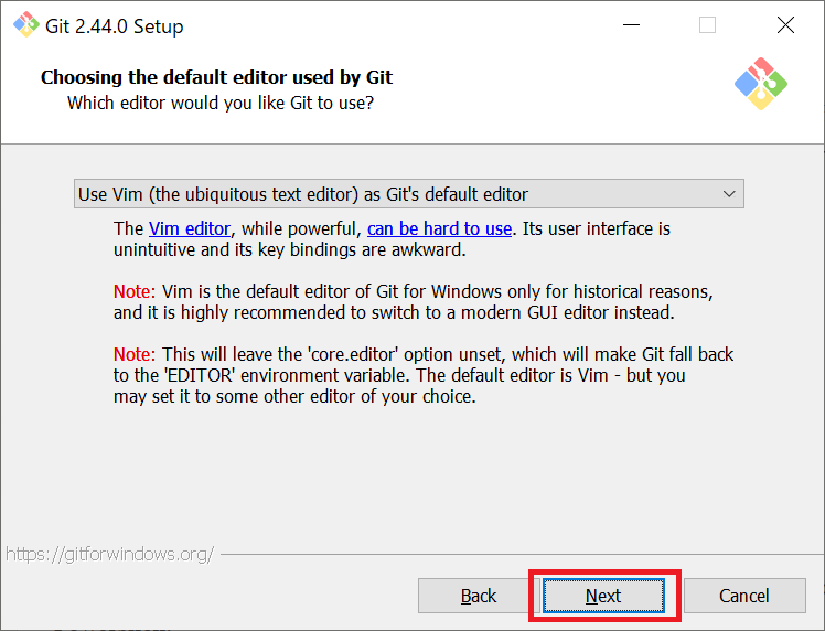 Git：Choosing the default editor used by Git画面よりデフォルトのエディタを確認して「Next」をクリック