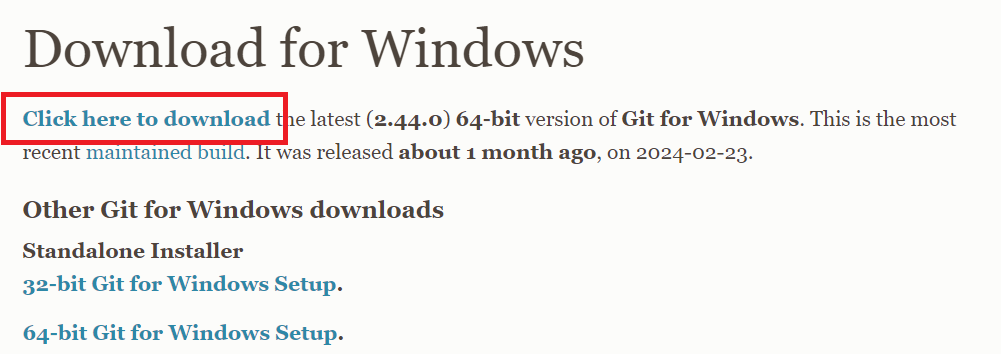 Git：表示された画面から「Click here to download」をクリック