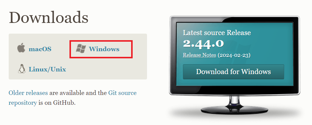 Git：表示されたDownloads画面から「Windows」をクリック