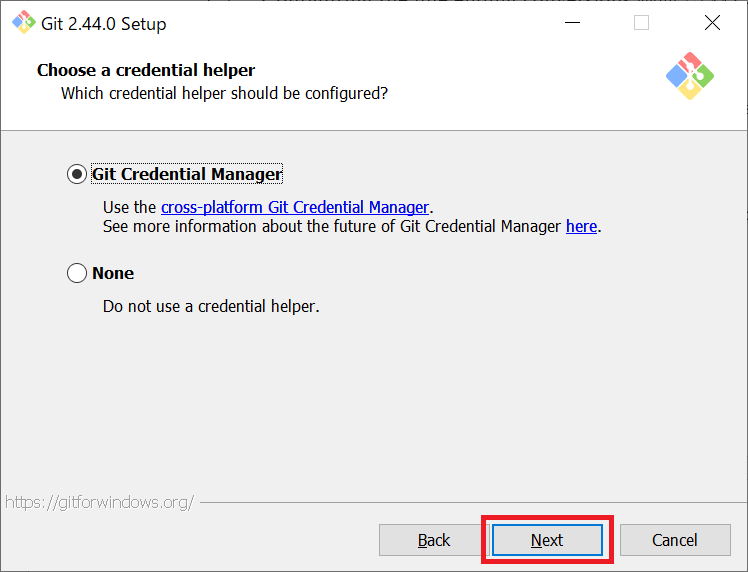 Git：Choose a credential helper画面で認証情報ヘルパーを確認して「Next」をクリック