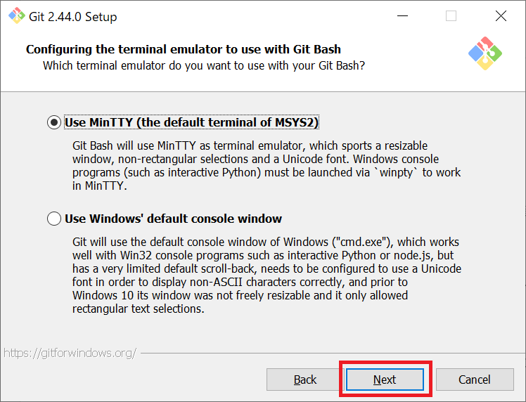Git：Configuring the terminal emulator to use with Git Bash画面でGit Bashに使用するエミュレータを確認して「Next」をクリック