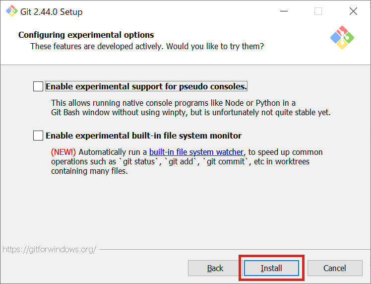 Git：Configuring experimental options画面で実験的オプションを確認して「Install」をクリック
