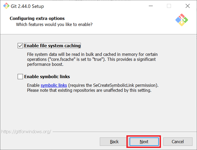 Git：Comfiguring extra options画面で拡張オプションを確認して「Next」をクリック