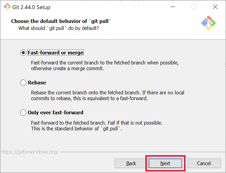 Git：Choose the default behavior of ‘git pull’画面でgit pullコマンドの挙動を確認して「Next」をクリック
