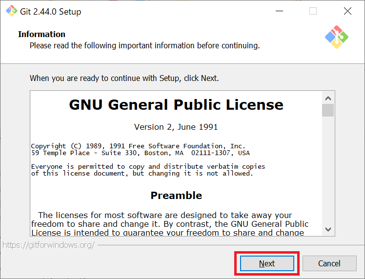 Git：Information画面でライセンス情報を確認して「Next」をクリック