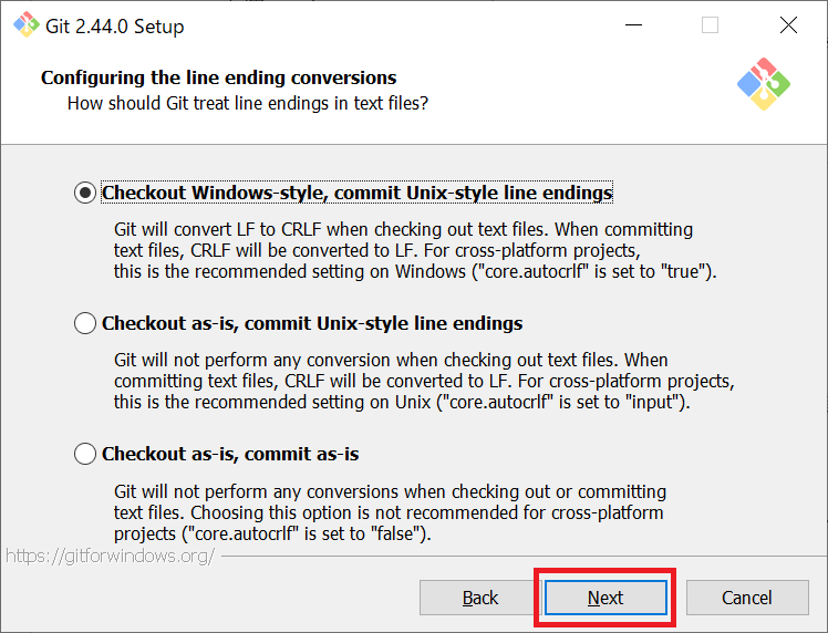 Git：Configuring the line ending conversions画面で改行コードの設定を確認して「Next」をクリック