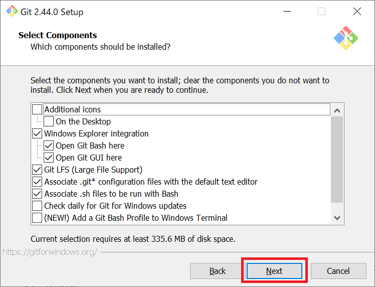 Git：Select Components画面でインストール項目を確認して「Next」をクリック