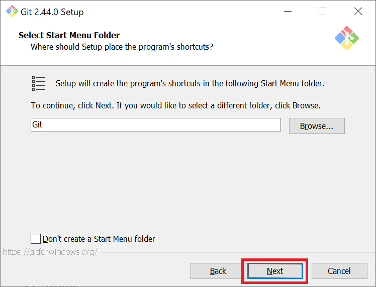 Git：Select Start Menu Folder画面でショートカットの保存先を確認して「Next」をクリック